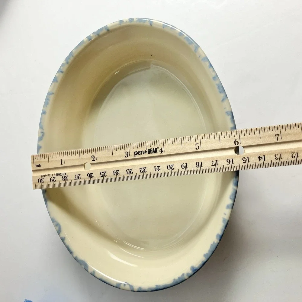 Workshops of Gerald Henn Blue Spongeware. Oval Baker set 7 1/2, 9 1/2